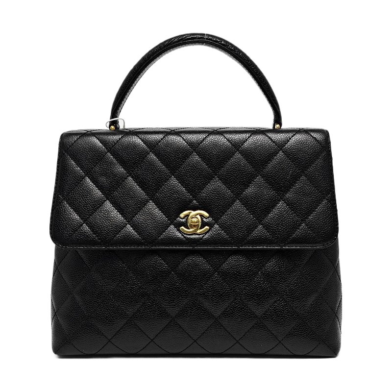 CHANEL VINTAGE KELLY黑色荔枝紋牛皮菱格紋絎縫手提包金色五金7開-0