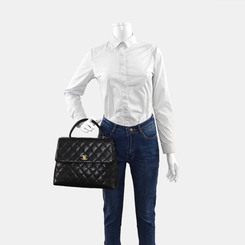 CHANEL VINTAGE KELLY黑色荔枝紋牛皮菱格紋絎縫手提包金色五金7開-1