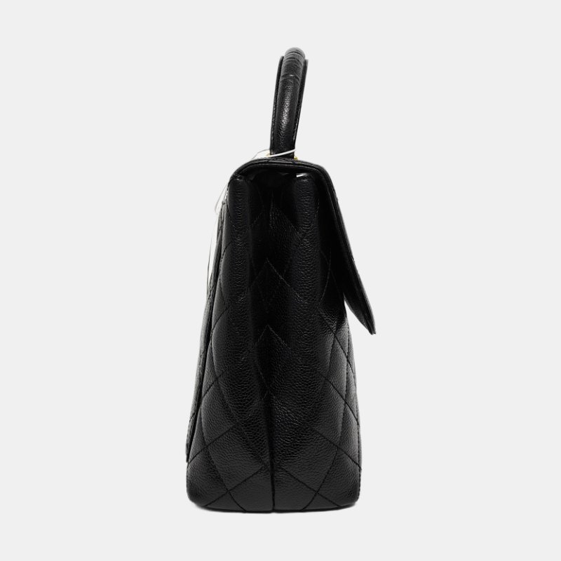 CHANEL VINTAGE KELLY黑色荔枝紋牛皮菱格紋絎縫手提包金色五金7開-3