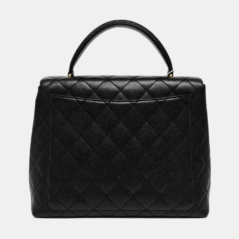 CHANEL VINTAGE KELLY黑色荔枝紋牛皮菱格紋絎縫手提包金色五金7開-4