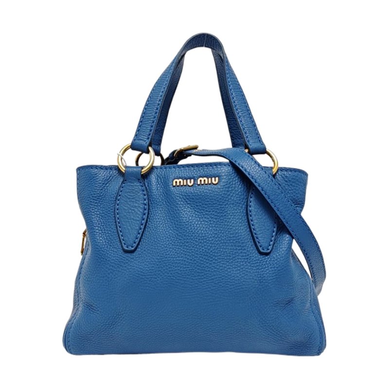Miu Miu托特包藍色牛皮單肩包手提包斜挎包金色五金可拆卸肩帶-0