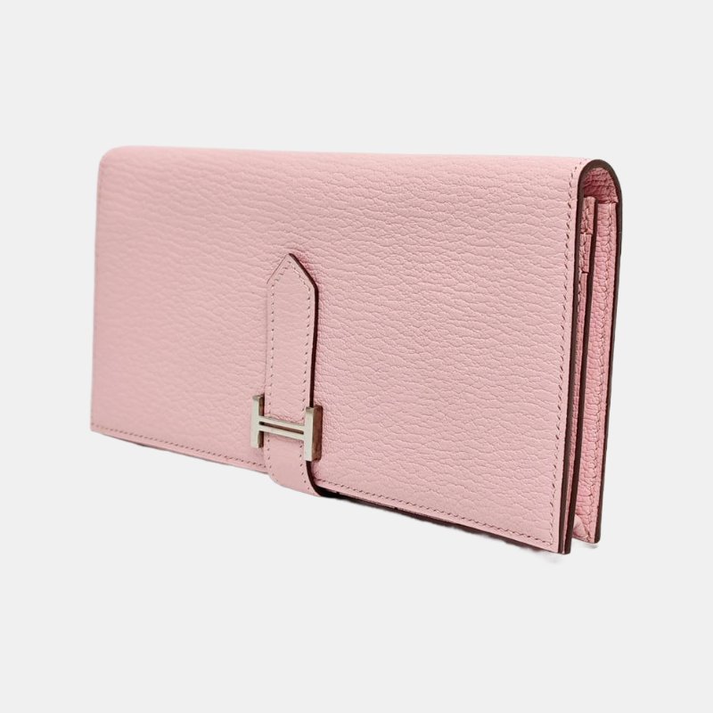 HERMES Bearn中號櫻花粉羊皮錢包銀色五金T刻9.8新-2