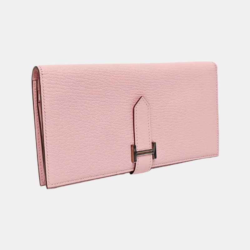 HERMES Bearn中號櫻花粉羊皮錢包銀色五金T刻9.8新-3