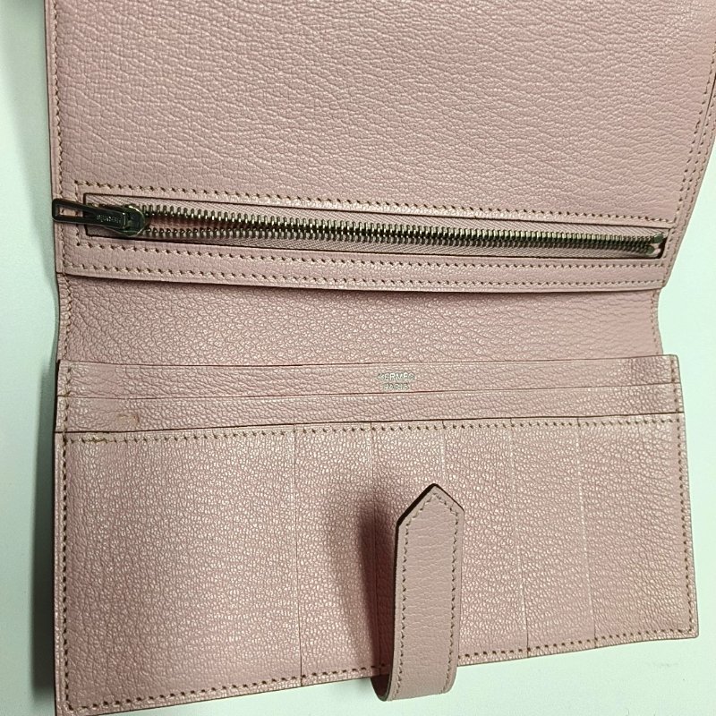 HERMES Bearn中號櫻花粉羊皮錢包銀色五金T刻9.8新-6