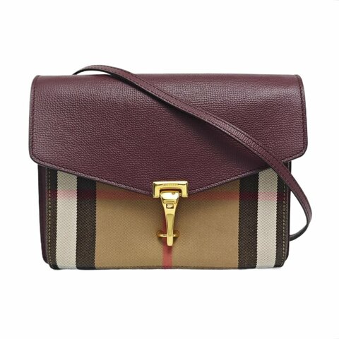 BURBERRY Macken小號酒紅色拼接材質戰馬格紋單肩包斜挎包金色五金可拆卸肩帶