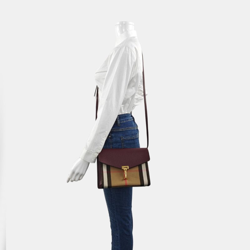 BURBERRY Macken小號酒紅色拼接材質戰馬格紋單肩包斜挎包金色五金可拆卸肩帶-1