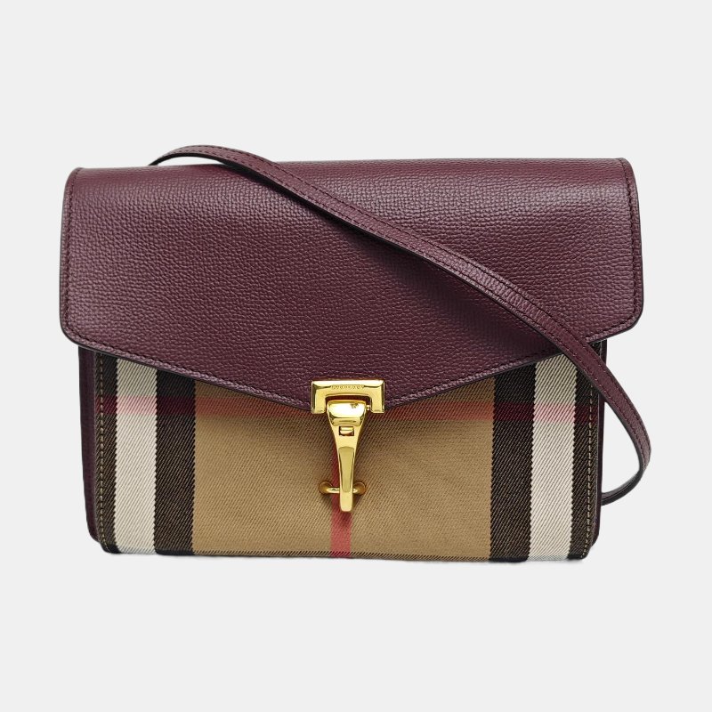 BURBERRY Macken小號酒紅色拼接材質戰馬格紋單肩包斜挎包金色五金可拆卸肩帶-7