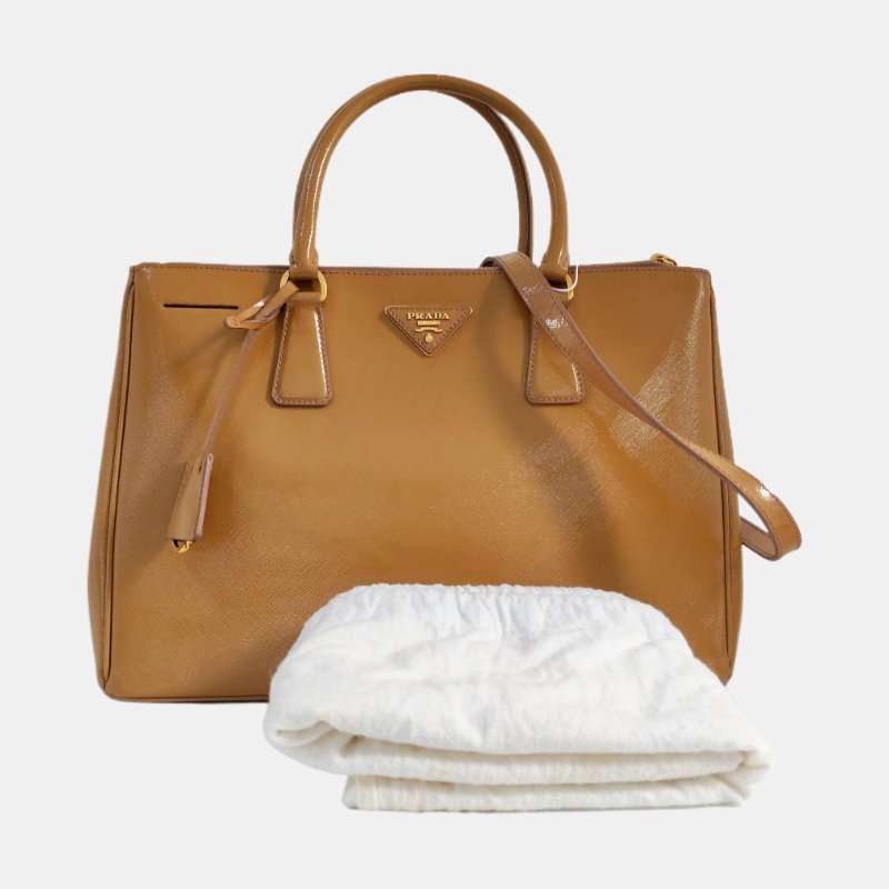 PRADA Galleria中號姜黃色牛皮徽標十字紋殺手包單肩包手提包金色五金可拆卸肩帶-7