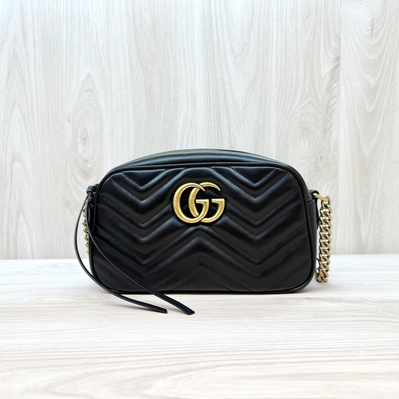 GUCCI黑金牛皮馬夢鏈條相機包24CM 447632-0