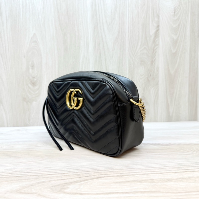 GUCCI黑金牛皮馬夢鏈條相機包24CM 447632-2