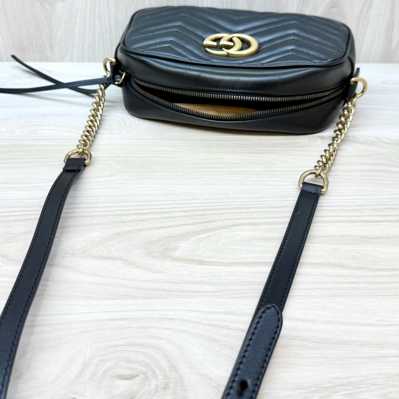 GUCCI黑金牛皮馬夢鏈條相機包24CM 447632-6