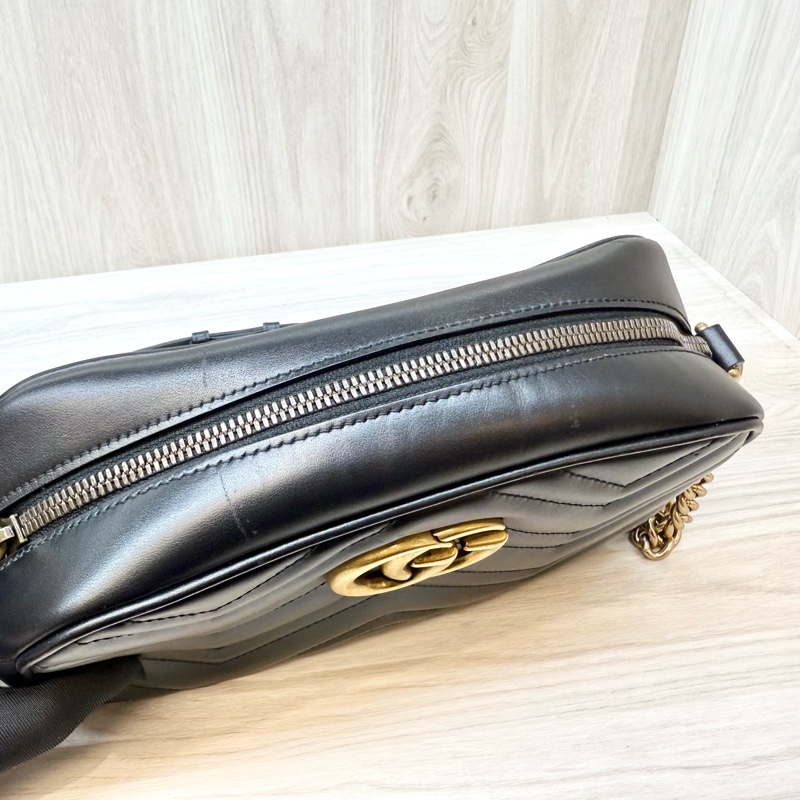 GUCCI黑金牛皮馬夢鏈條相機包24CM 447632-12