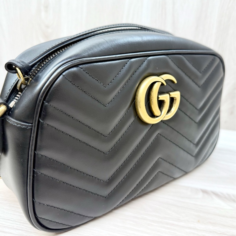 GUCCI黑金牛皮馬夢鏈條相機包24CM 447632-15