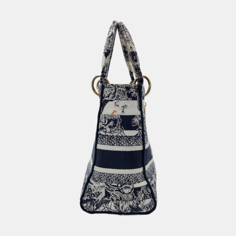 DIOR LadyD-Lite 中號藍色織物刺繡單肩包金色五金可拆卸肩帶-3