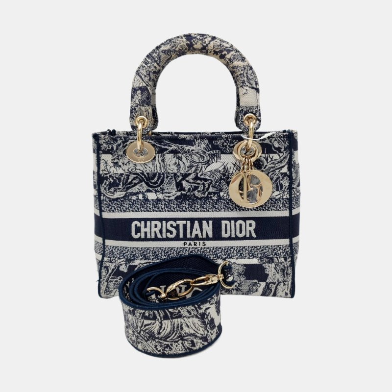 DIOR LadyD-Lite 中號藍色織物刺繡單肩包金色五金可拆卸肩帶-7