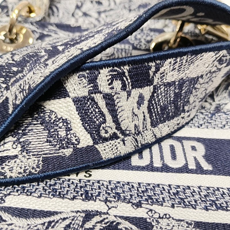 DIOR LadyD-Lite 中號藍色織物刺繡單肩包金色五金可拆卸肩帶-14