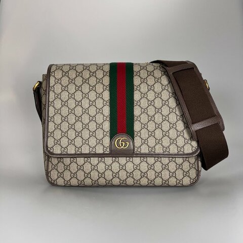 GUCCI 792119 咖老花復古金掀蓋大側背包