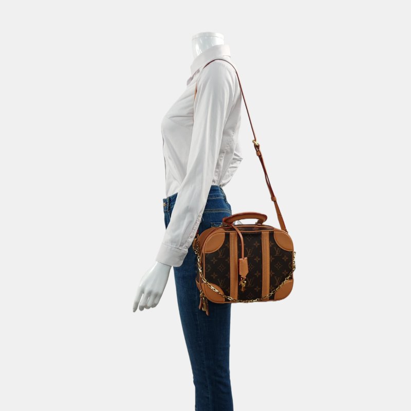 LOUIS VUITTON VALISETTE小號棕色塗層帆布老花相機包單肩包手提包斜挎包金色五金2條可拆卸肩帶-1