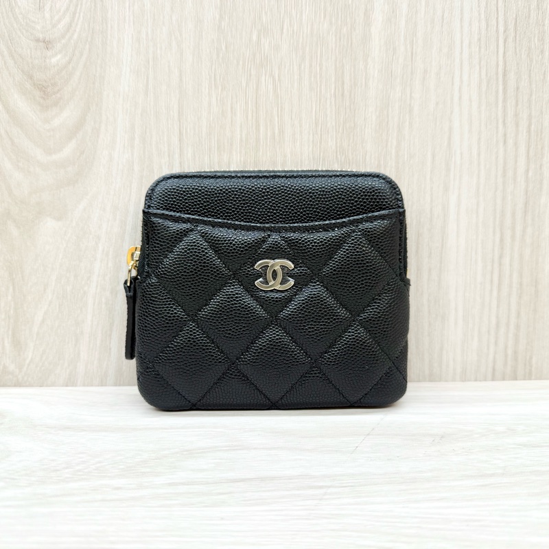 CHANEL皮夾黑色荔枝皮淡金釦四層卡零錢吐司包/AP2061-0