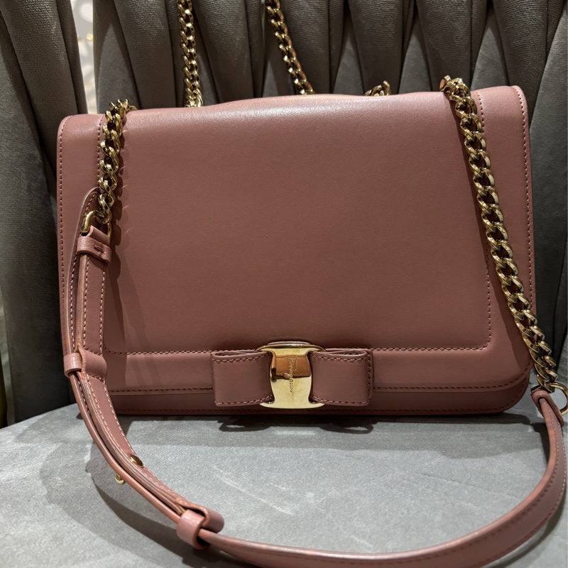 SalvatoreFerragamo,25cm牛皮肩背鍊包乾燥玫瑰粉色,-1