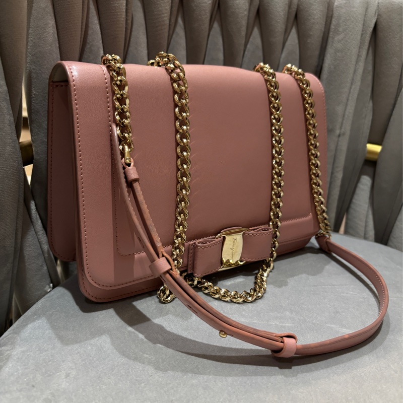 SalvatoreFerragamo,25cm牛皮肩背鍊包乾燥玫瑰粉色,-2