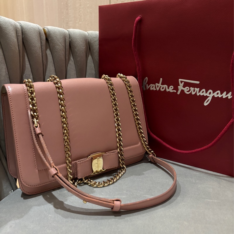 SalvatoreFerragamo,25cm牛皮肩背鍊包乾燥玫瑰粉色,-3