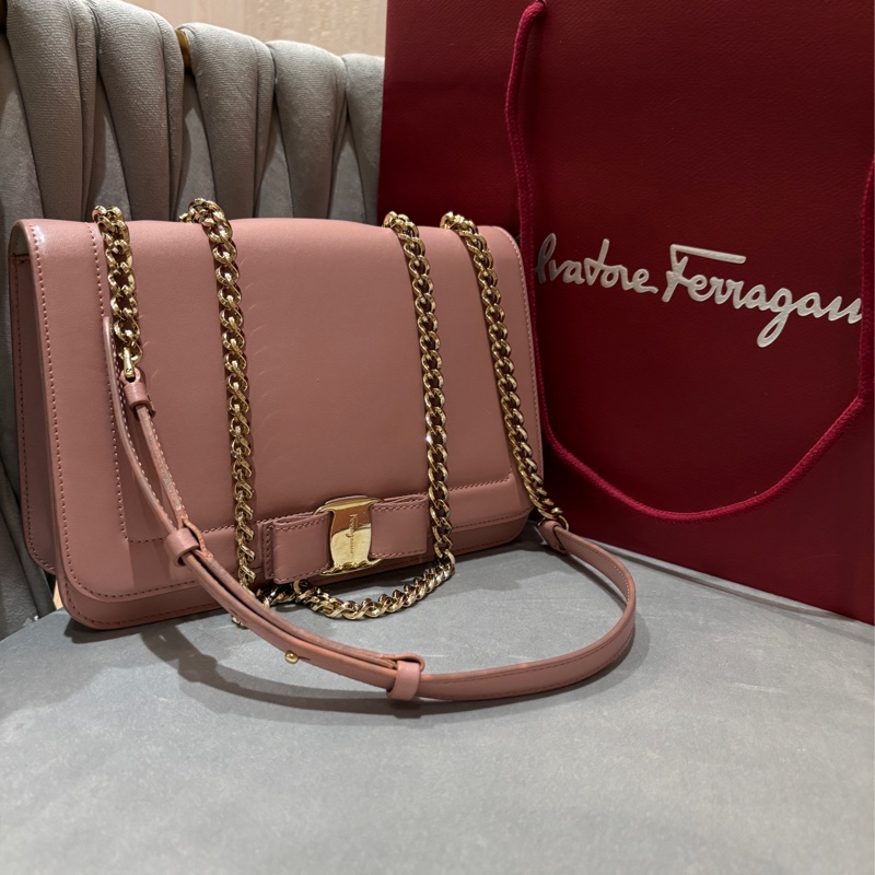 SalvatoreFerragamo,25cm牛皮肩背鍊包乾燥玫瑰粉色,-4