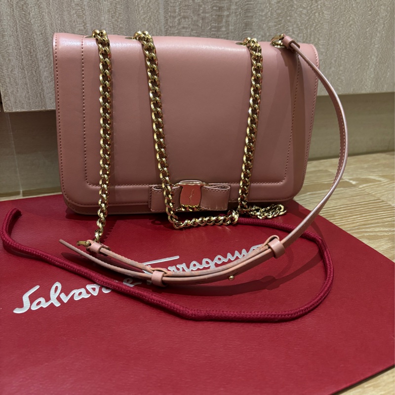 SalvatoreFerragamo,25cm牛皮肩背鍊包乾燥玫瑰粉色,-8