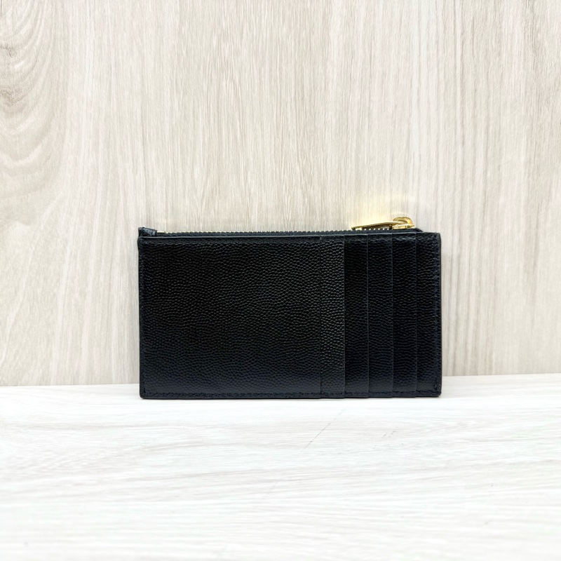 YSL黑金粒紋小牛皮一字拉鍊5卡包607915-1