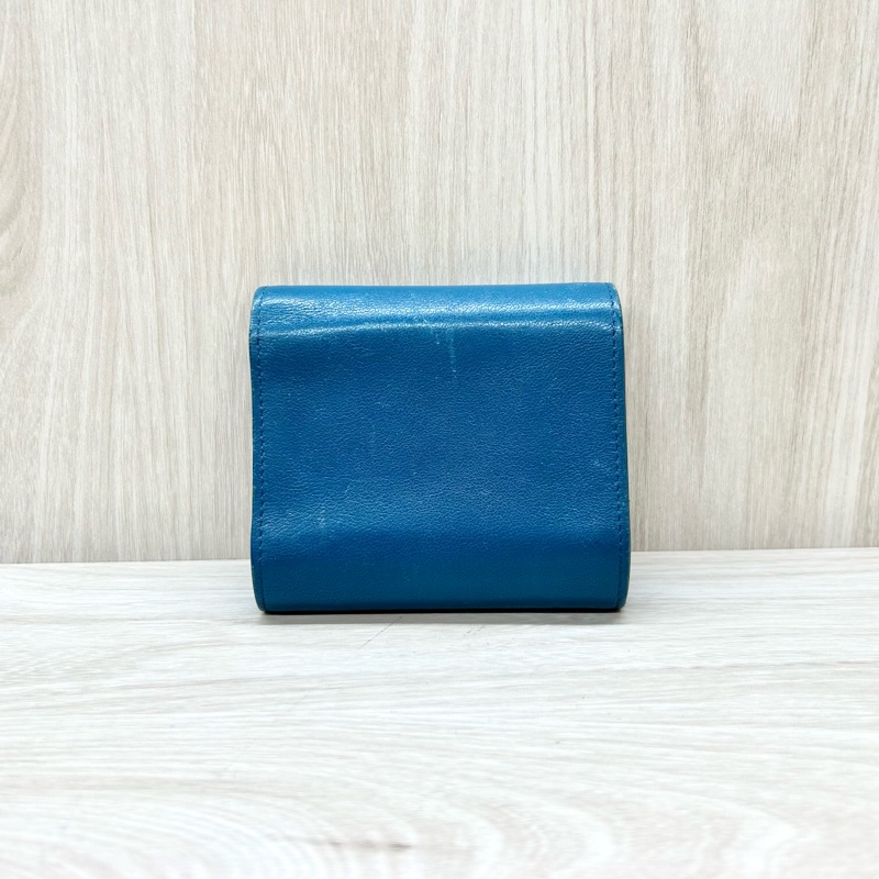 CHANEL藍綠色牛皮衍縫雙C金釦三折短夾-1