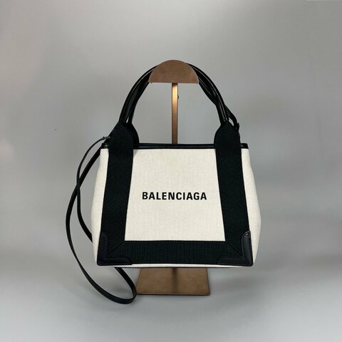 BALENCIAGA 390346  黑拚白色帆布Cabas包 XS