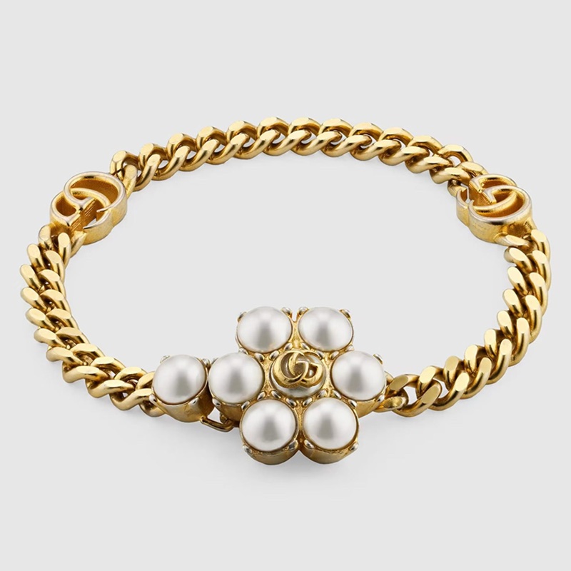 GUCCI 金色珍珠花瓣造型GG鏈互扣式手鍊-0
