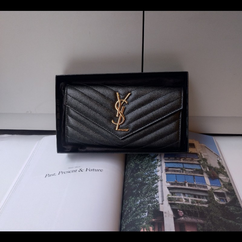 YSL 黑荔枝皮下蓋長夾-0