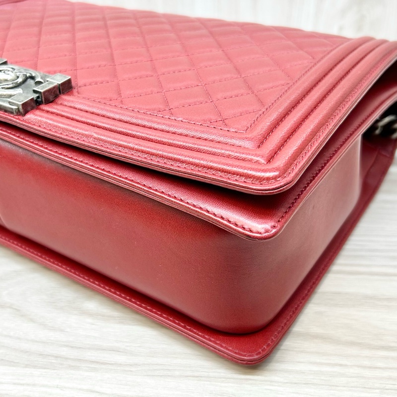 CHANEL紅色羊皮菱格BOY30口蓋包/A67087-21