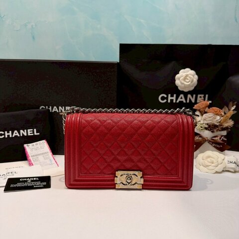 CHANEL 荔枝牛皮紅銀 BOY 25