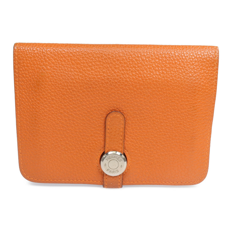HERMES Togo皮革Dogon Compact銀扣錢包Orange-0