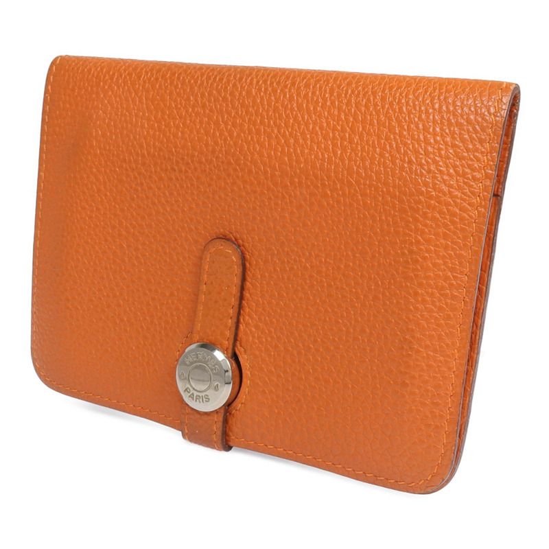 HERMES Togo皮革Dogon Compact銀扣錢包Orange-1