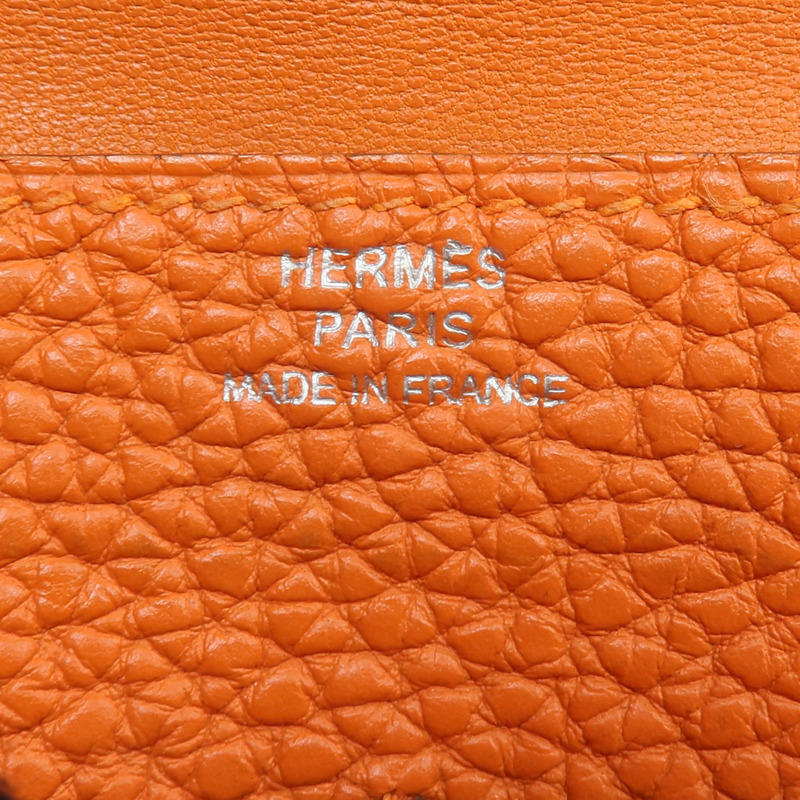 HERMES Togo皮革Dogon Compact銀扣錢包Orange-6