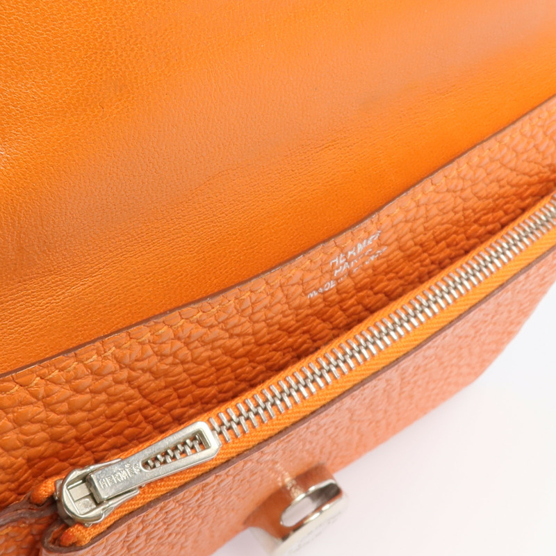 HERMES Togo皮革Dogon Compact銀扣錢包Orange-10