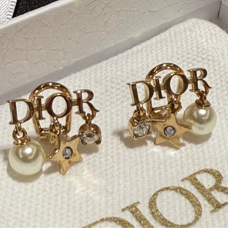 Dior珍珠星星水鑽耳夾耳環-5