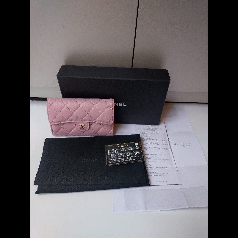 Chanel 粉羊皮菱格下蓋中夾-2
