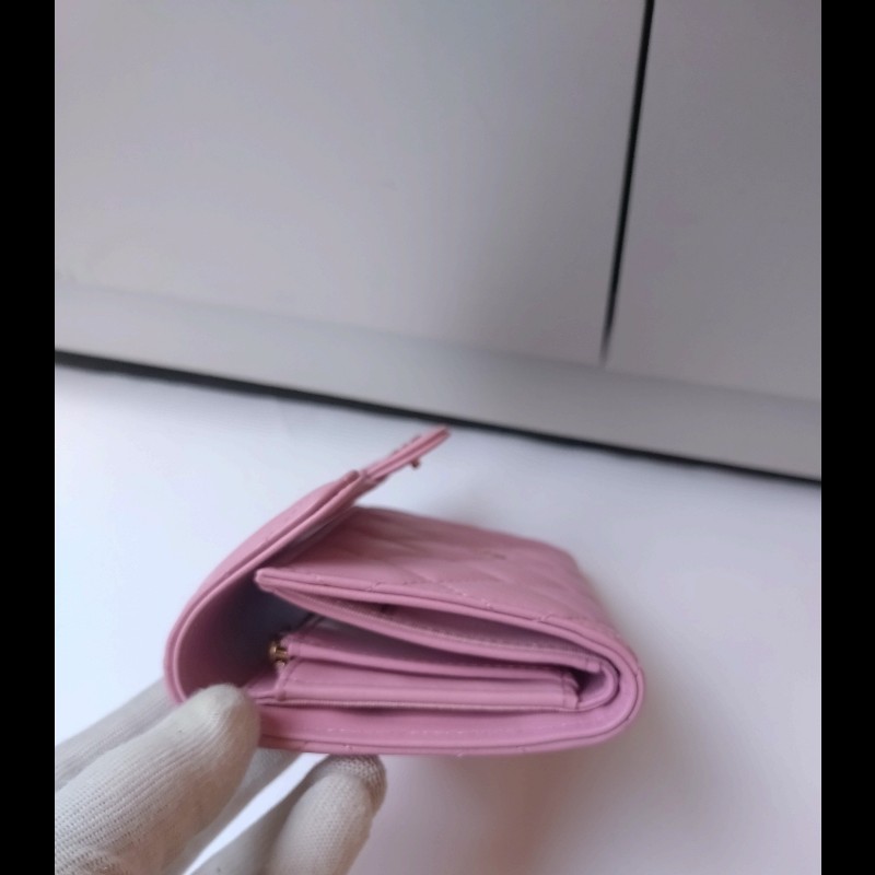 Chanel 粉羊皮菱格下蓋中夾-4