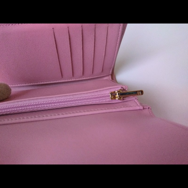 Chanel 粉羊皮菱格下蓋中夾-13