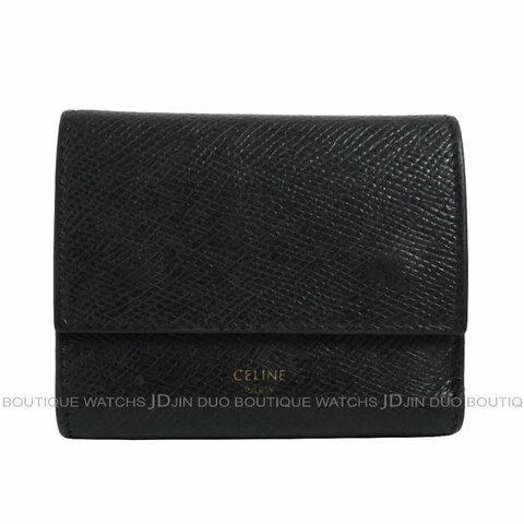 金鐸精品~C779 CELINE 經典燙金LOGO粒面小牛皮釦式零錢袋三折短夾