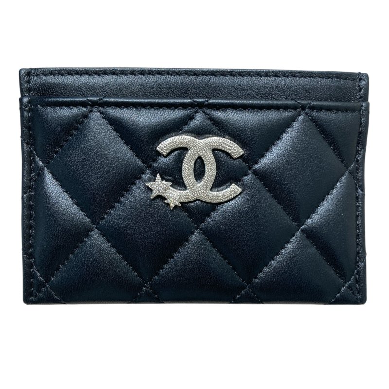 CHANEL 香奈兒 星星雙C LOGO 菱格紋 羊皮 卡夾 黑色-0