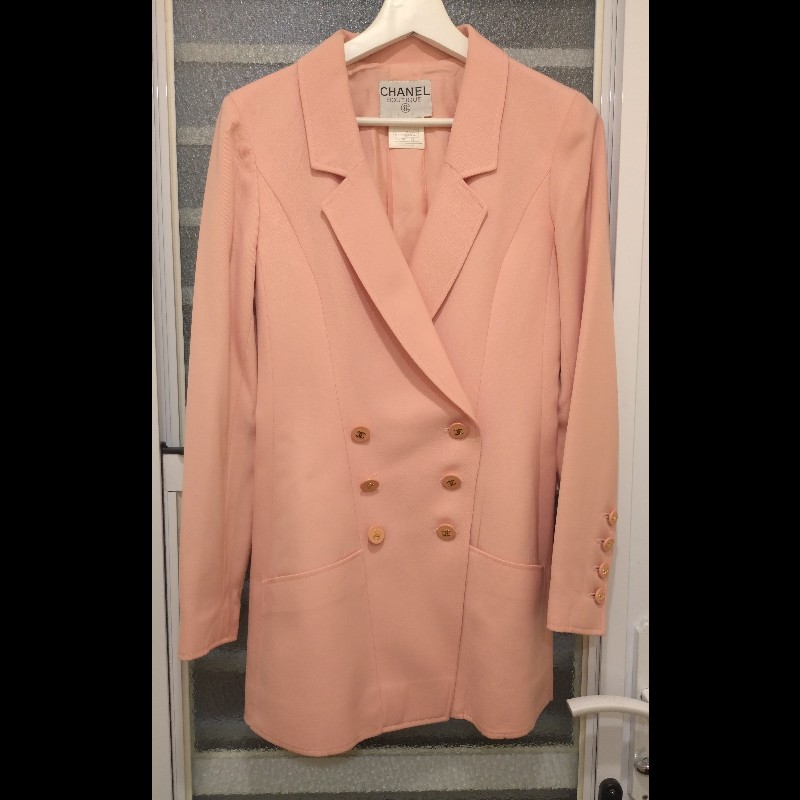 Chanel 粉色雙排釦長版外套-0