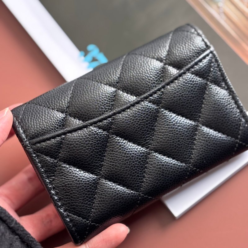 ::CHANEL:: 黑荔枝菱格紋皮革金雙C內拉鍊卡片零錢包-2