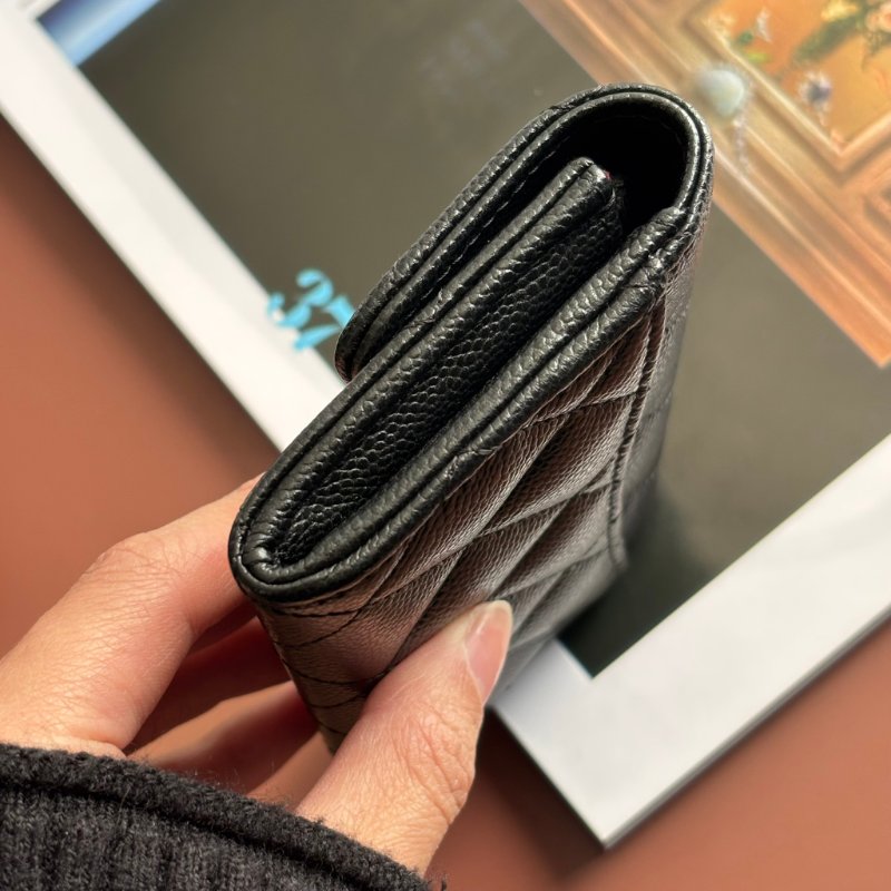 ::CHANEL:: 黑荔枝菱格紋皮革金雙C內拉鍊卡片零錢包-6