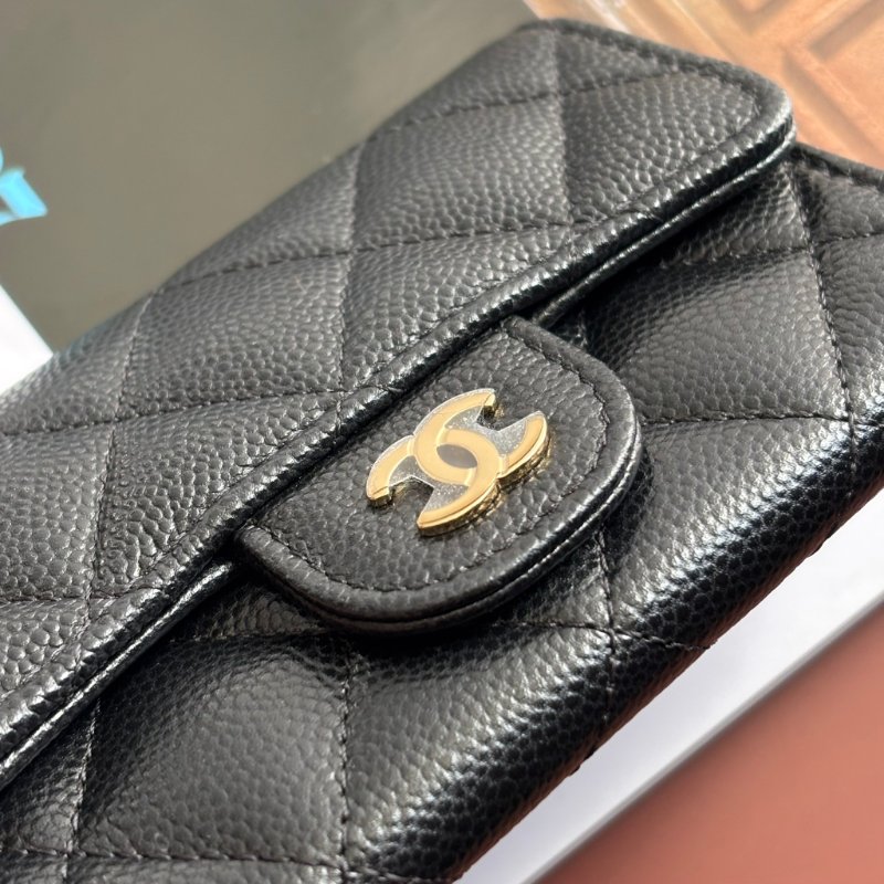 ::CHANEL:: 黑荔枝菱格紋皮革金雙C內拉鍊卡片零錢包-7