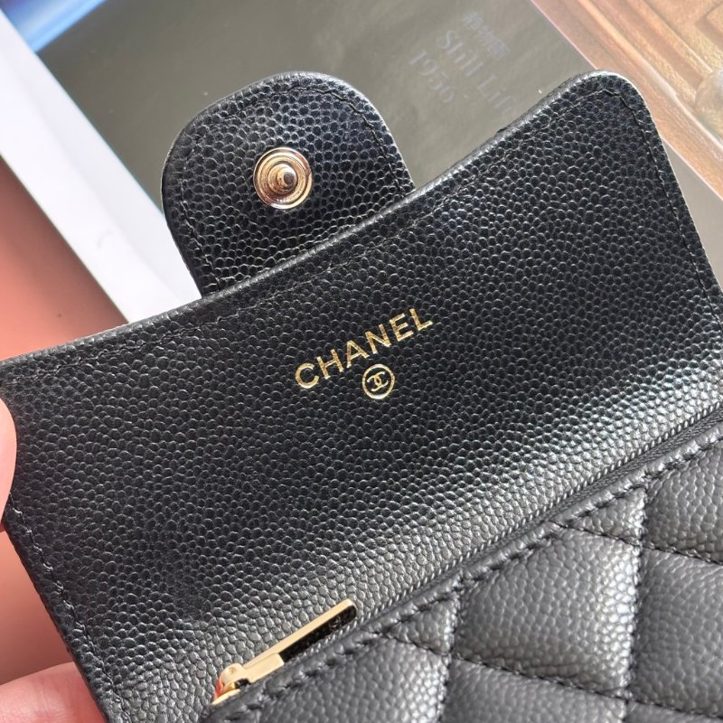 ::CHANEL:: 黑荔枝菱格紋皮革金雙C內拉鍊卡片零錢包-8